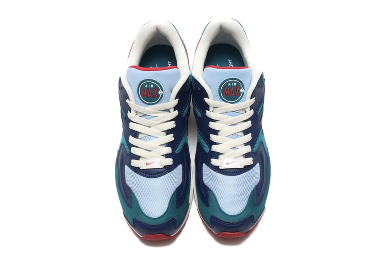 Nike Air Max2 Light Geode Teal Gym Red DESERT SAND COURT PURPLE SAIL PUMICE air unit midsole ecru rubber heel logo tinted bubbles sneaker 1994 silhouette