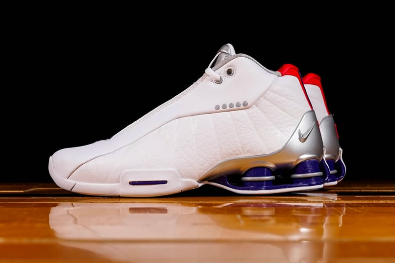 Nike Shox BB4 QS Raptors raffle sneaker footwear basketball toronto team claw marks tpu plates cushion swoosh silver plating red purple white CD9335 100