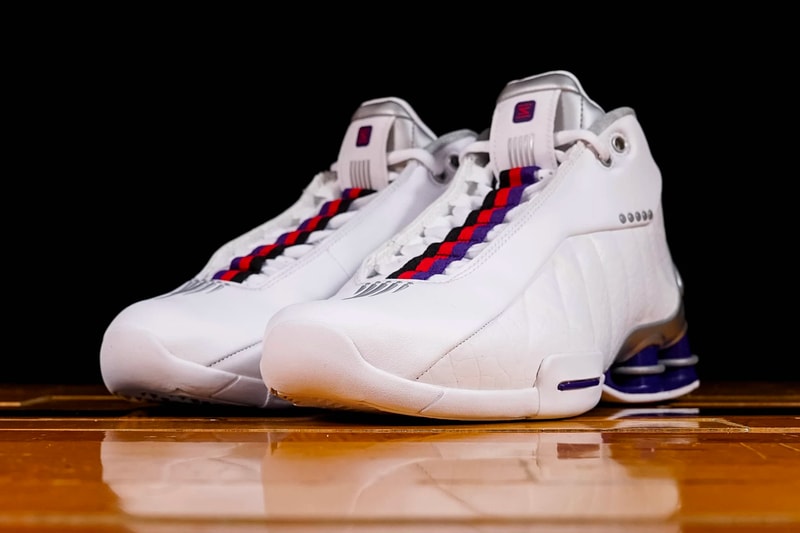 Nike Shox BB4 QS Raptors raffle sneaker footwear basketball toronto team claw marks tpu plates cushion swoosh silver plating red purple white CD9335 100