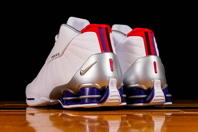 Nike Shox BB4 QS Raptors raffle sneaker footwear basketball toronto team claw marks tpu plates cushion swoosh silver plating red purple white CD9335 100