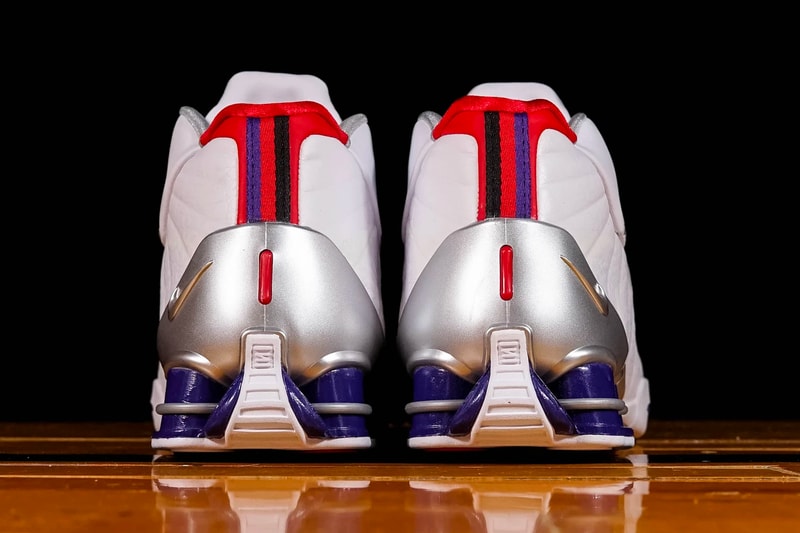 Nike Shox BB4 QS Raptors raffle sneaker footwear basketball toronto team claw marks tpu plates cushion swoosh silver plating red purple white CD9335 100