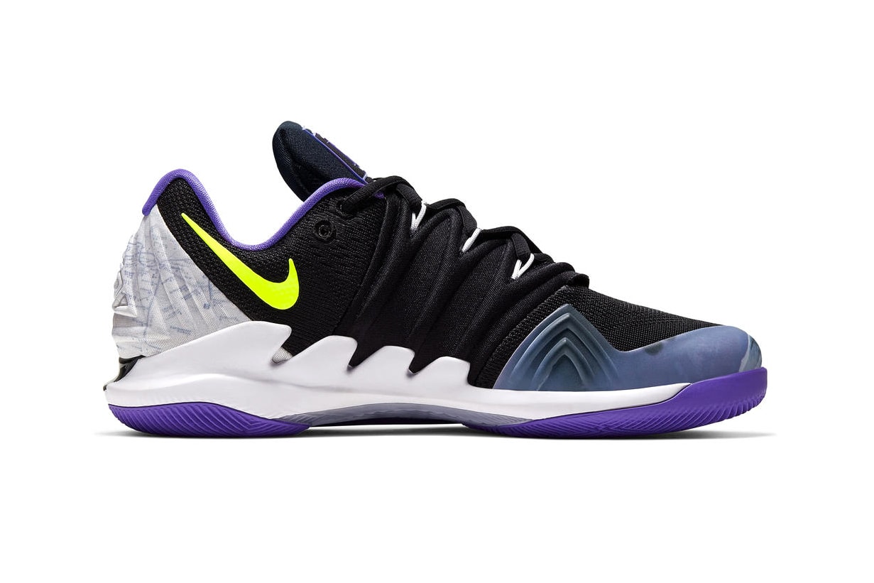 NikeCourt Air Zoom Vapor X Kyrie 5 NYC Release Official Look Nick Kyrgios basketball player Kyrie Irving black purple volt