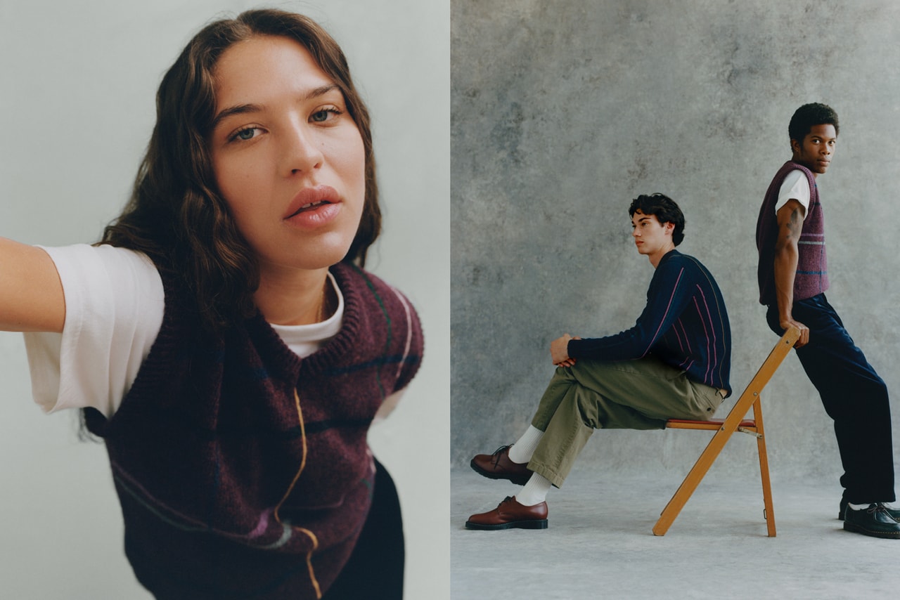 NOAH NYC Fall/Winter 2019 Lookbook Collection Sweaters Turtlenecks Shirts Jackets Pants Sweatshirts Save the Whales Red Blue Green Stripes Tweed Plaid