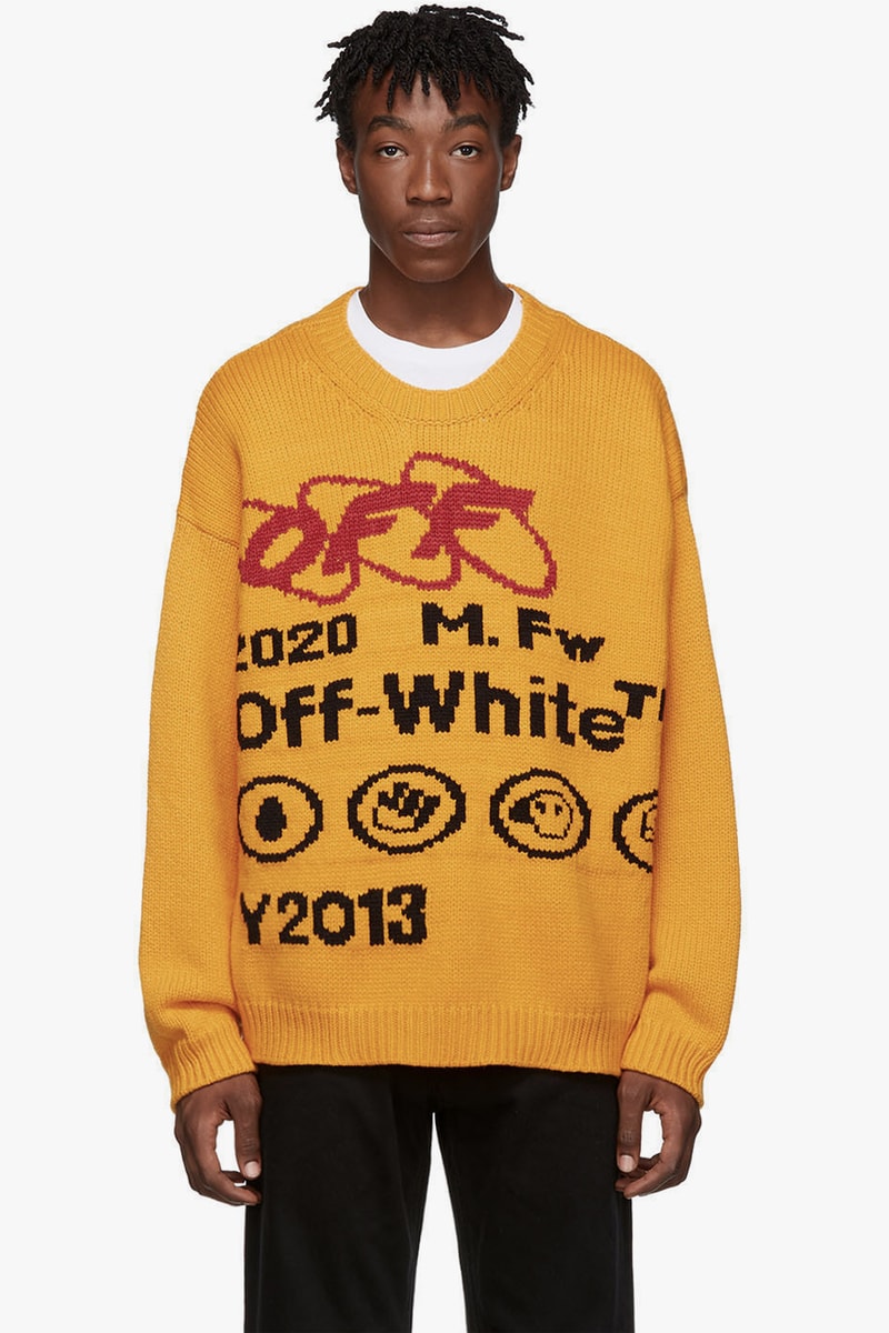 Off White Yellow Black Industrial Y013 Sweater White Ruined Factory Navy Blue Diag Panel beige virgil abloh graphics intarsia knit jacquard textiles made in Italy