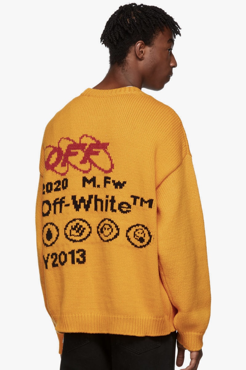 Off White Yellow Black Industrial Y013 Sweater White Ruined Factory Navy Blue Diag Panel beige virgil abloh graphics intarsia knit jacquard textiles made in Italy