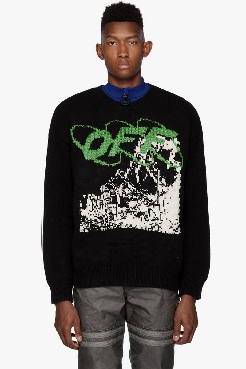 Off White Yellow Black Industrial Y013 Sweater White Ruined Factory Navy Blue Diag Panel beige virgil abloh graphics intarsia knit jacquard textiles made in Italy