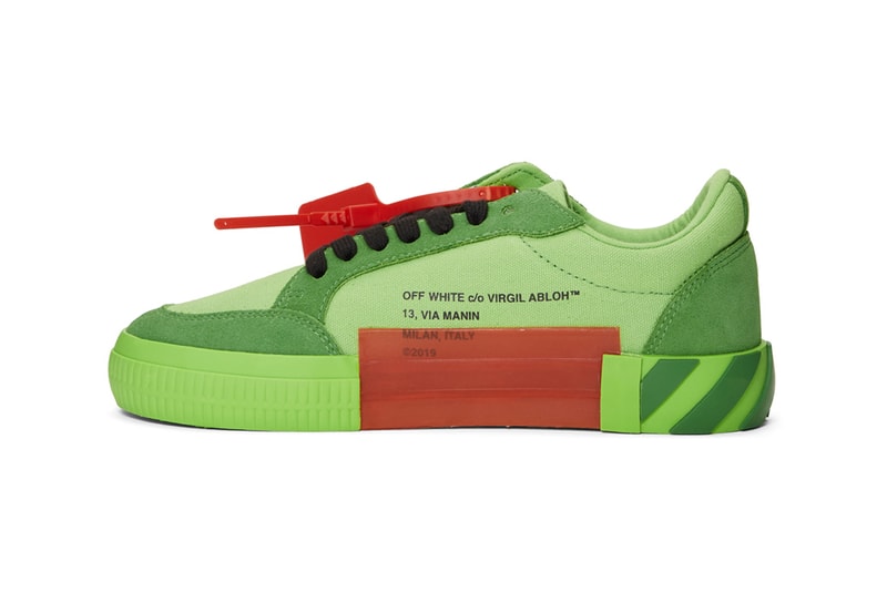 off white ssense exclusive low top vulcanized sneakers green yellow blue release 