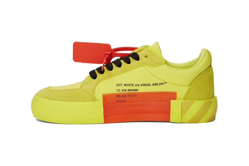 off white ssense exclusive low top vulcanized sneakers green yellow blue release 
