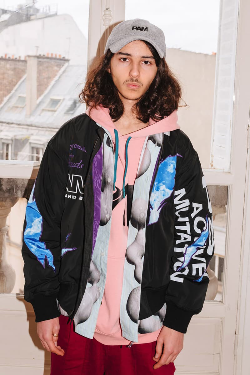 PAM Perks and mini Fall Winter 2019 Beyond The Clouds Collection neon graphics bomber jacket flower motif jewelry polartec outerwear sweatpants patchwork flannels