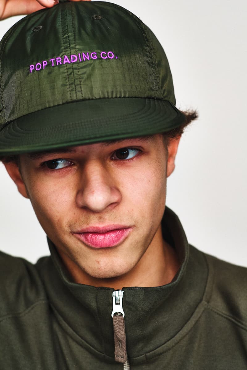 Pop Trading Company Fall/Winter 2019 Lookbook Hoodies Jackets Bucket Hats Long Sleeves Gray Blue Green Orange Flannel White Stripes