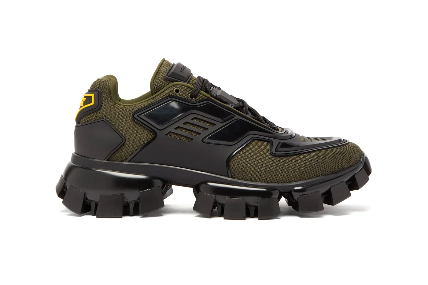Prada Cloudbust Thunder Knitted Sneakers Release Info price drop date olive black matchesfashion.com buy now designer shoes trainers chunky treaded outsole fw19 fall/winter 2019 frankenstein