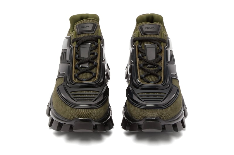 Prada Cloudbust Thunder Knitted Sneakers Release Info price drop date olive black matchesfashion.com buy now designer shoes trainers chunky treaded outsole fw19 fall/winter 2019 frankenstein