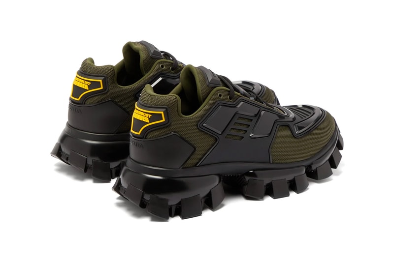 Prada Cloudbust Thunder Knitted Sneakers Release Info price drop date olive black matchesfashion.com buy now designer shoes trainers chunky treaded outsole fw19 fall/winter 2019 frankenstein