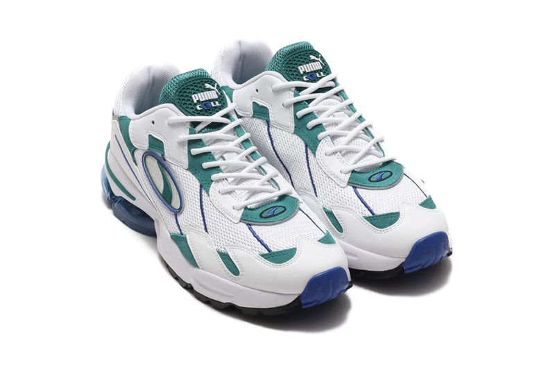 PUMA CELL Ultra OG White Teal peacoat jaffa orange blue navy suede leather mesh cell technology hexagonal cushioning retro logo translucent heel