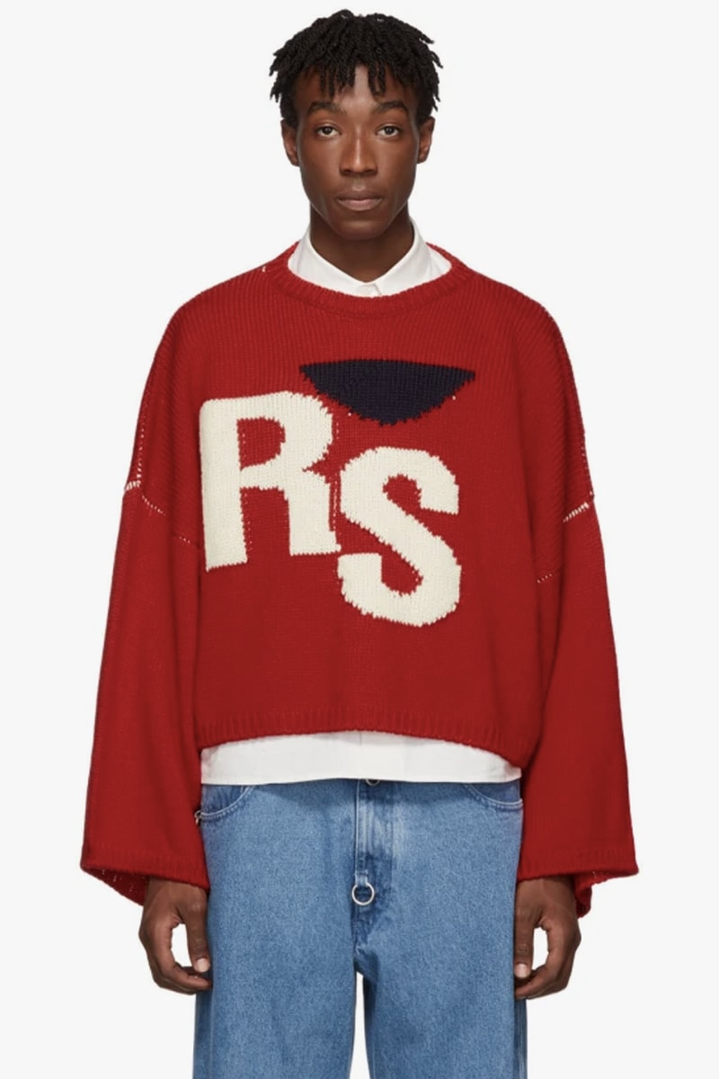 Raf Simons Virgin Wool Cropped Oversized RS Sweater Red Navy Blue intarsia knit fw17 i heart ny sweater iconic piece pullover contrast stitching
