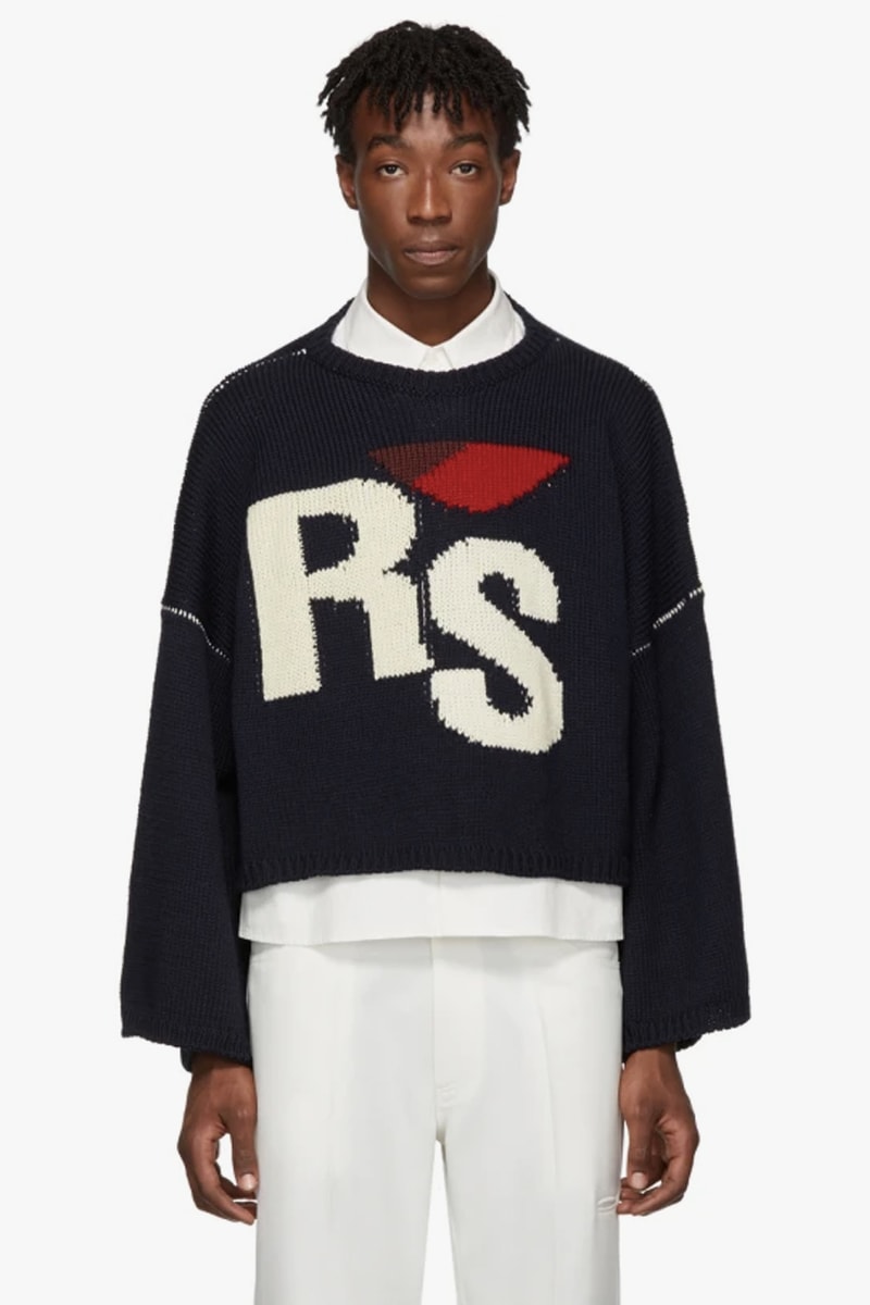 Raf Simons Virgin Wool Cropped Oversized RS Sweater Red Navy Blue intarsia knit fw17 i heart ny sweater iconic piece pullover contrast stitching