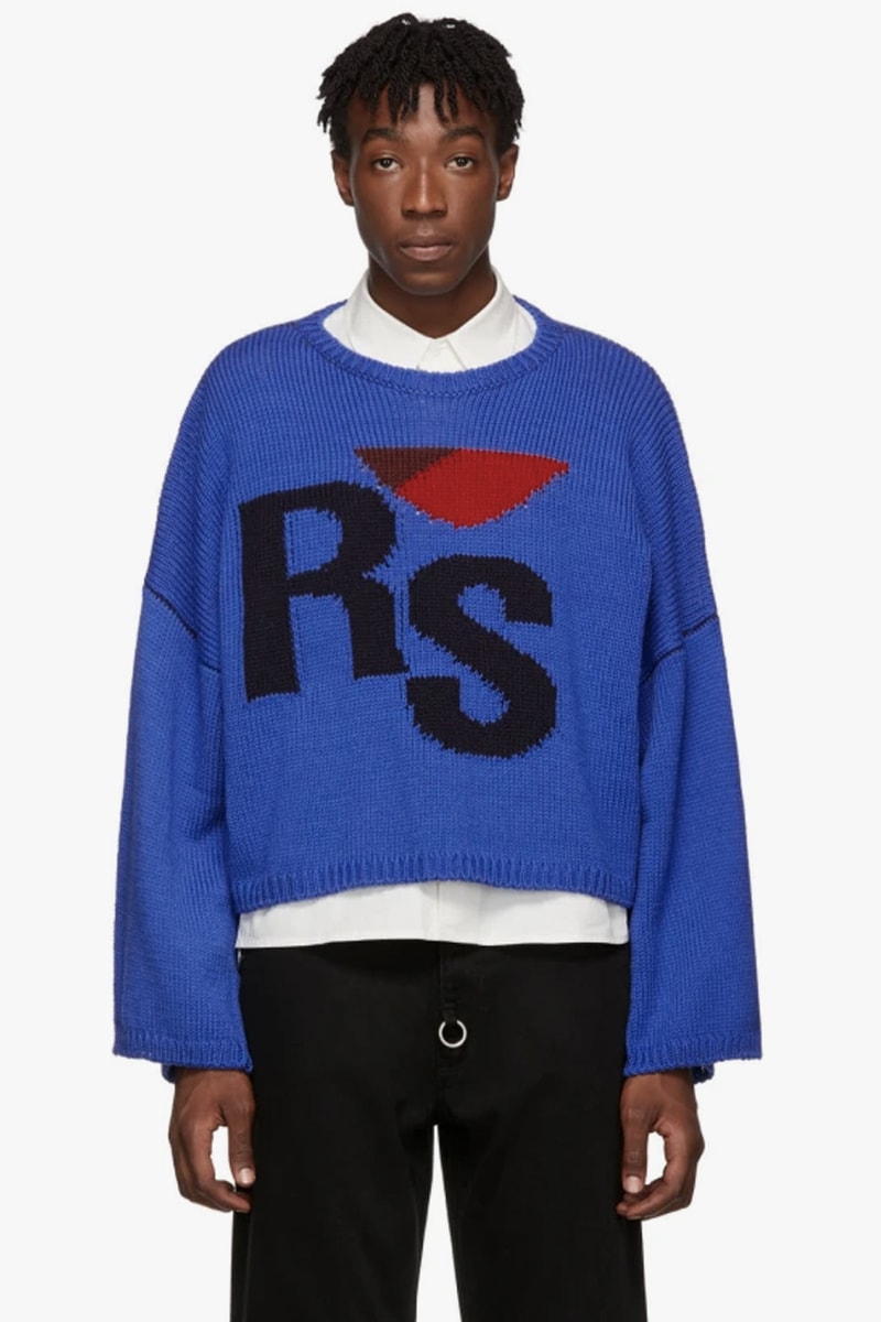Raf Simons Virgin Wool Cropped Oversized RS Sweater Red Navy Blue intarsia knit fw17 i heart ny sweater iconic piece pullover contrast stitching