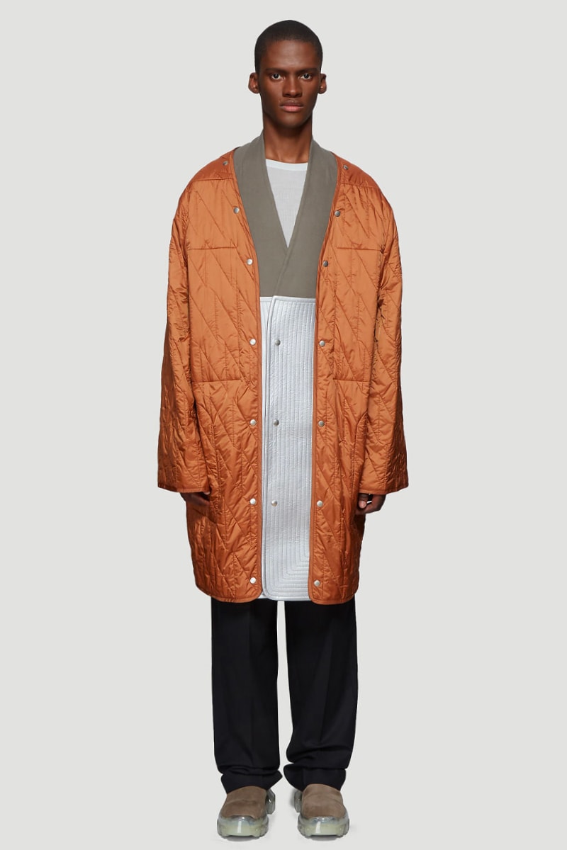 Rick Owens Quilted Liner Coat in Orange Snap Front Liner Coat layering FW19 AW19 elongated drop dhoulder snap button fastening closure down filled padded premium satin nylon weave
