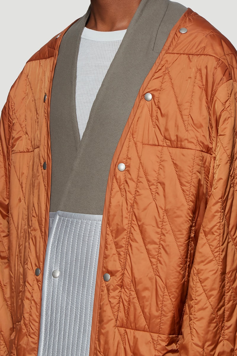 Rick Owens Quilted Liner Coat in Orange Snap Front Liner Coat layering FW19 AW19 elongated drop dhoulder snap button fastening closure down filled padded premium satin nylon weave