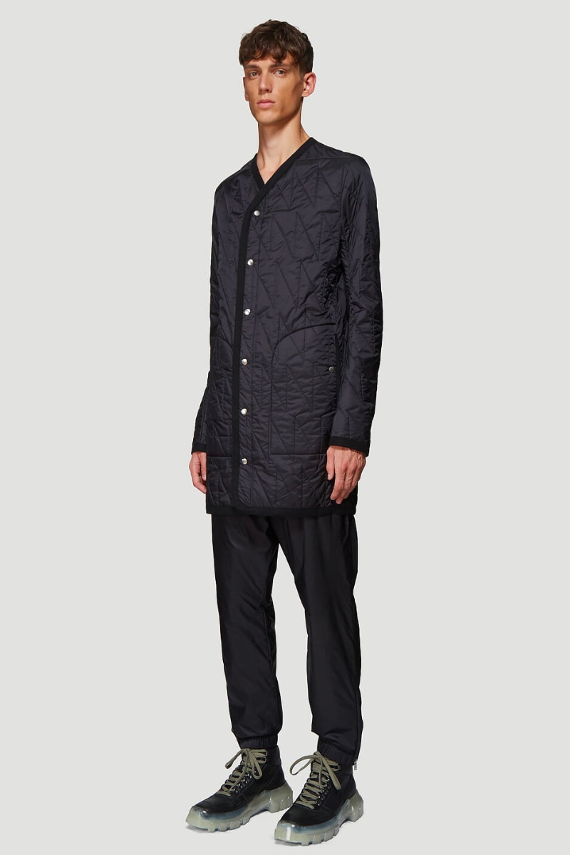 Rick Owens Quilted Liner Coat in Orange Snap Front Liner Coat layering FW19 AW19 elongated drop dhoulder snap button fastening closure down filled padded premium satin nylon weave