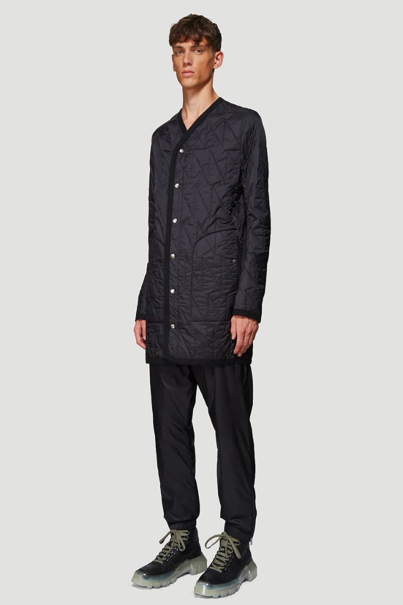 Rick Owens Quilted Liner Coat in Orange Snap Front Liner Coat layering FW19 AW19 elongated drop dhoulder snap button fastening closure down filled padded premium satin nylon weave