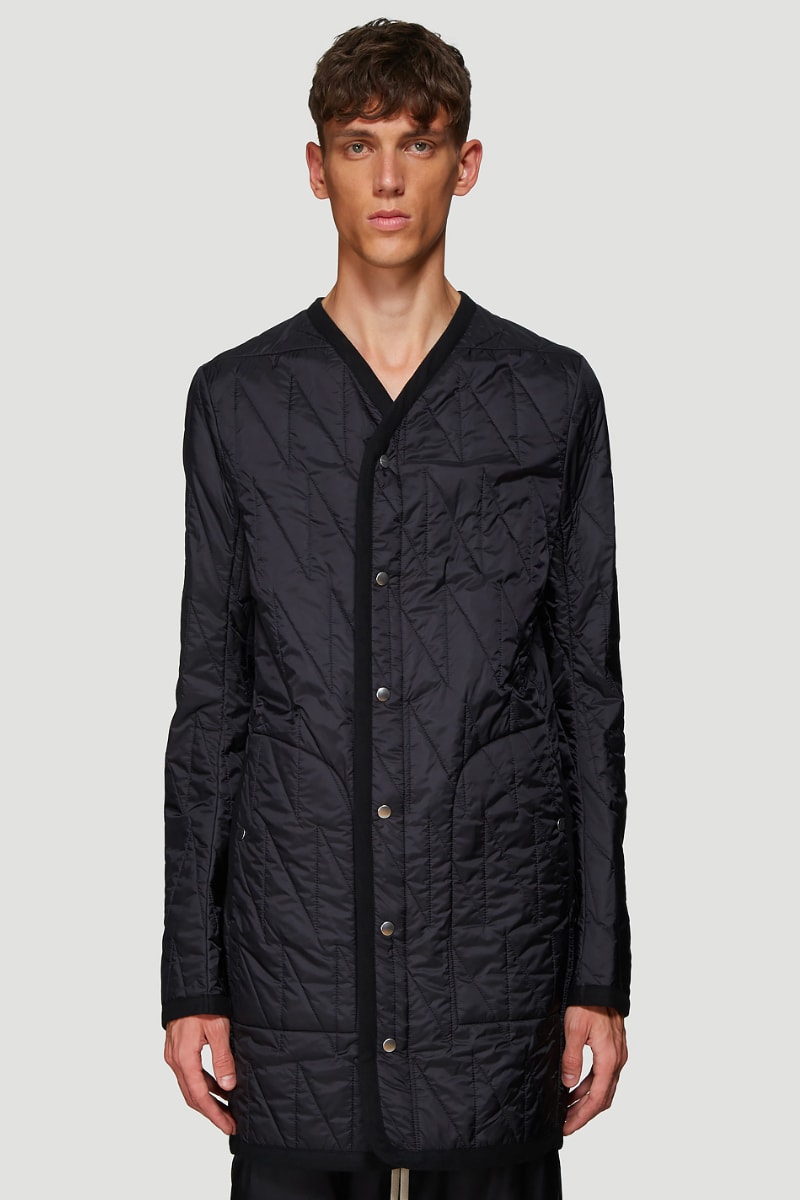 Rick Owens Quilted Liner Coat in Orange Snap Front Liner Coat layering FW19 AW19 elongated drop dhoulder snap button fastening closure down filled padded premium satin nylon weave
