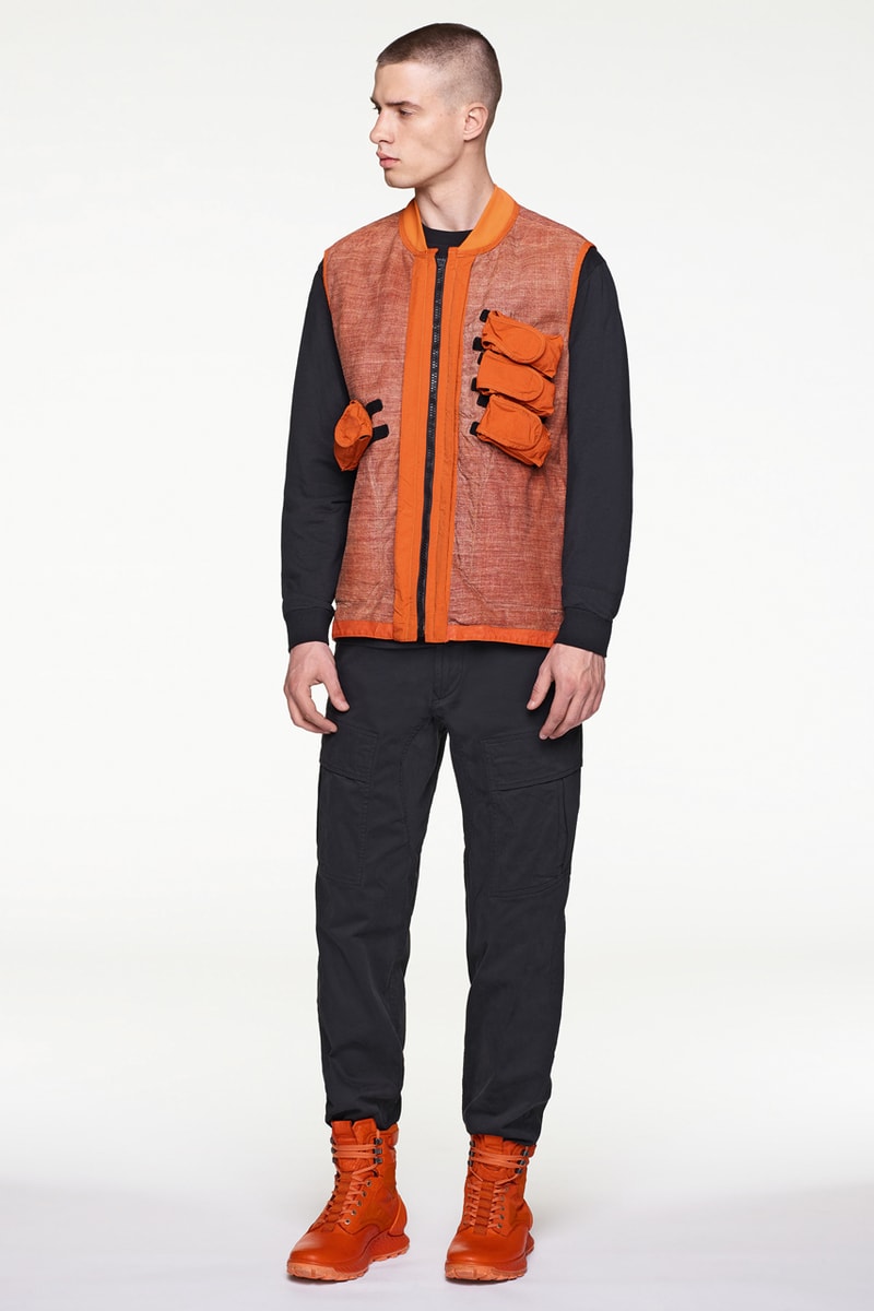 Stone Island Fall/Winter 2019 Lookbook Collection Jackets Pants Boots Blue Green Orange Bomber Jackets Knit Sweaters Crewnecks Hoodies
