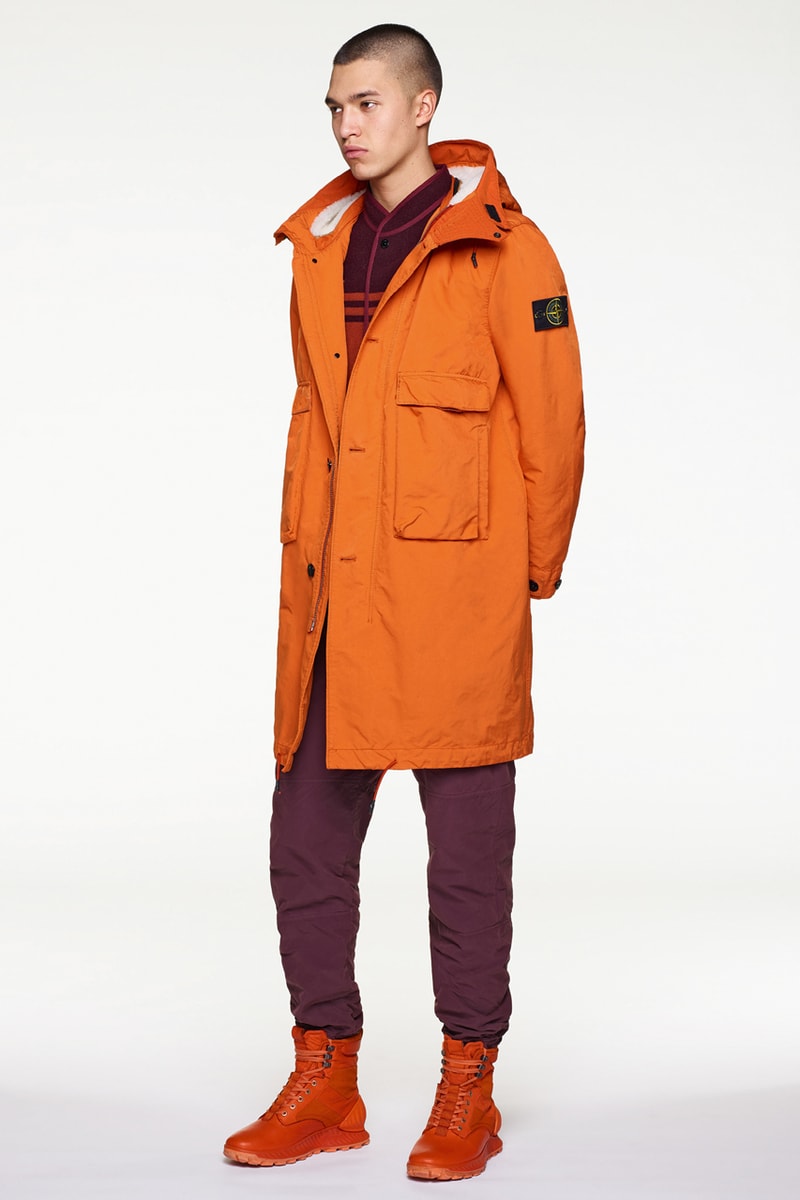 Stone Island Fall/Winter 2019 Lookbook Collection Jackets Pants Boots Blue Green Orange Bomber Jackets Knit Sweaters Crewnecks Hoodies