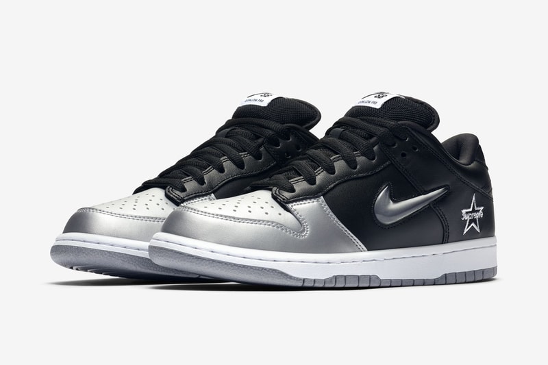 Supreme x Nike SB Dunk Low "Black/Metallic Silver" fall/winter 2019 collection collaboration swoosh logo official photos