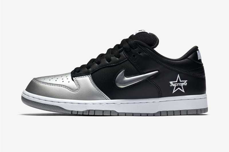 Supreme x Nike SB Dunk Low "Black/Metallic Silver" fall/winter 2019 collection collaboration swoosh logo official photos