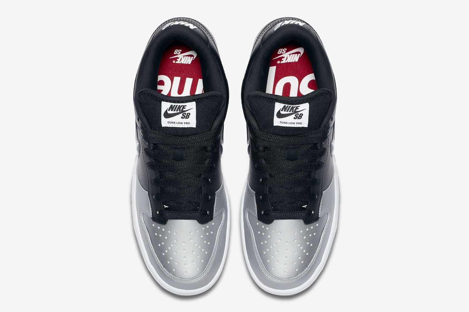 Supreme x Nike SB Dunk Low "Black/Metallic Silver" fall/winter 2019 collection collaboration swoosh logo official photos