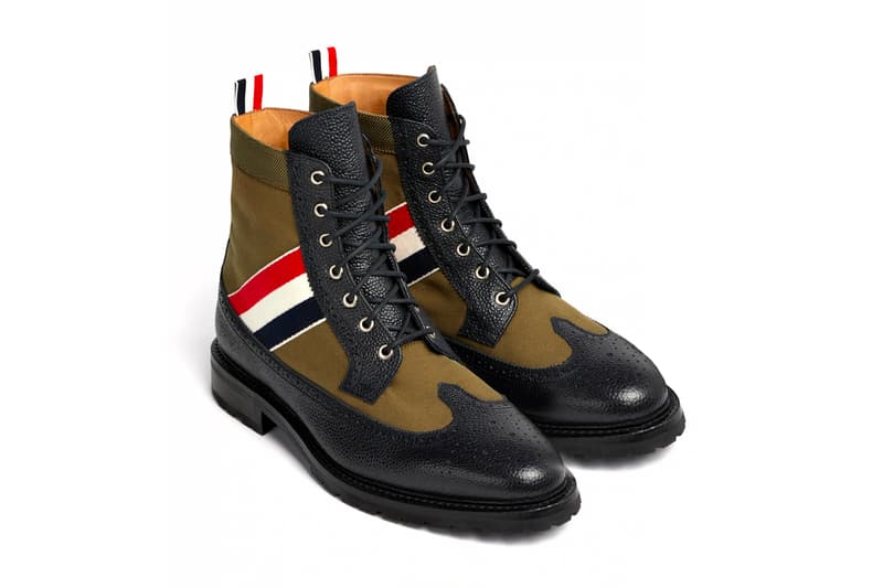 Thom Browne RWB Webbing Longwing Boot navy green red white blue tricolor canvas pebble grain leather waxed canvas upper lace up fastening calfskin lining