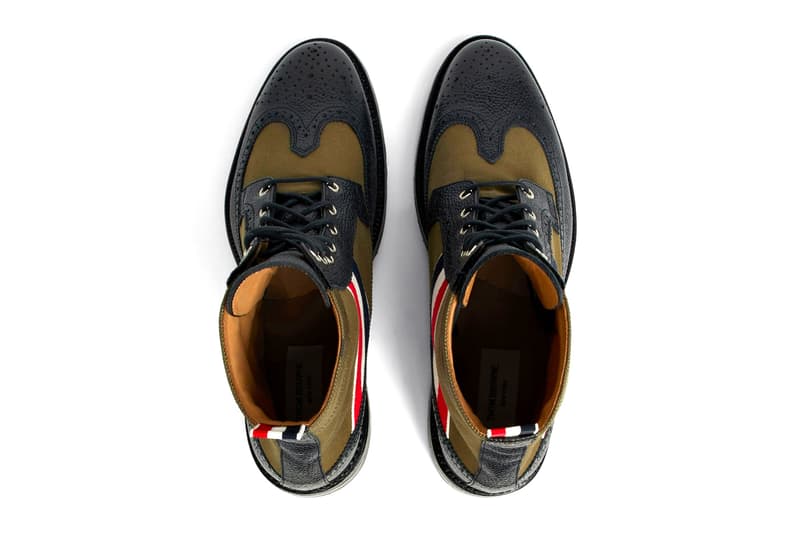 Thom Browne RWB Webbing Longwing Boot navy green red white blue tricolor canvas pebble grain leather waxed canvas upper lace up fastening calfskin lining