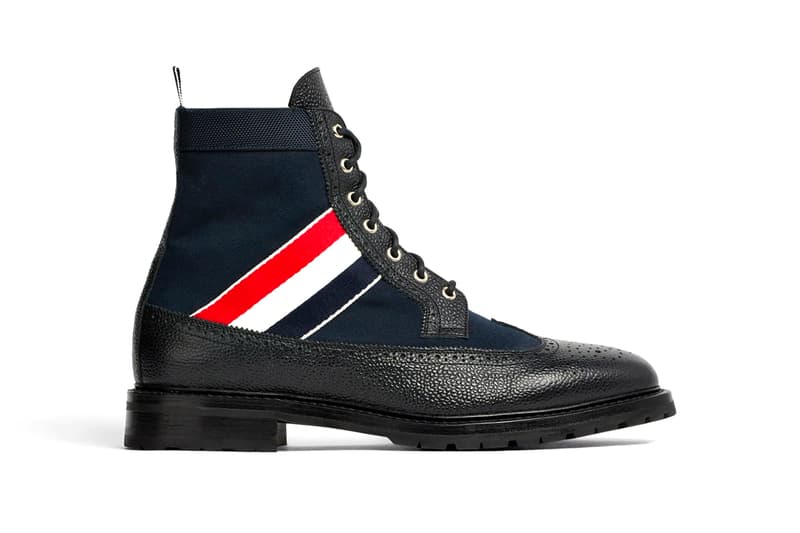 Thom Browne RWB Webbing Longwing Boot navy green red white blue tricolor canvas pebble grain leather waxed canvas upper lace up fastening calfskin lining