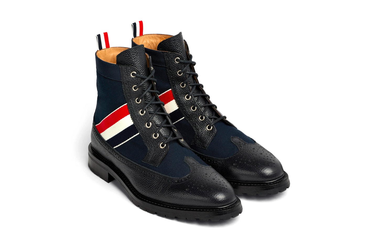 Thom Browne RWB Webbing Longwing Boot navy green red white blue tricolor canvas pebble grain leather waxed canvas upper lace up fastening calfskin lining