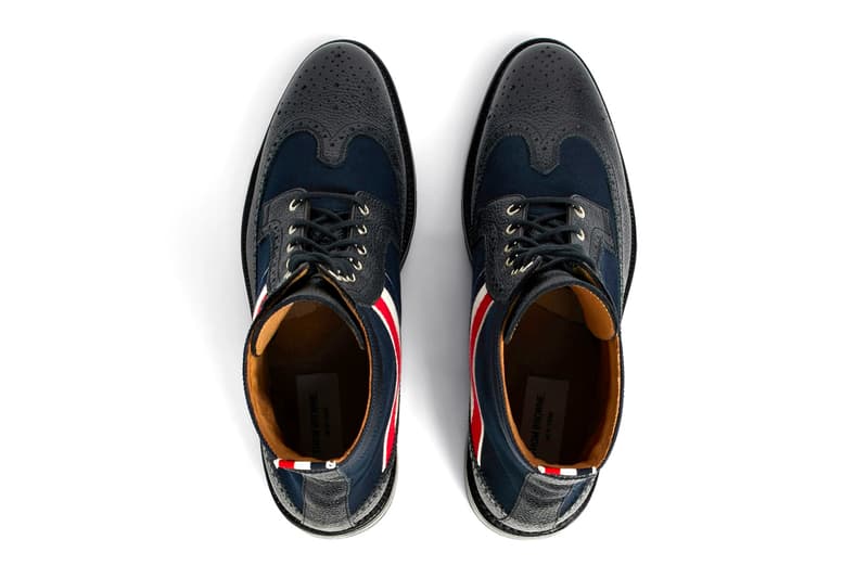 Thom Browne RWB Webbing Longwing Boot navy green red white blue tricolor canvas pebble grain leather waxed canvas upper lace up fastening calfskin lining