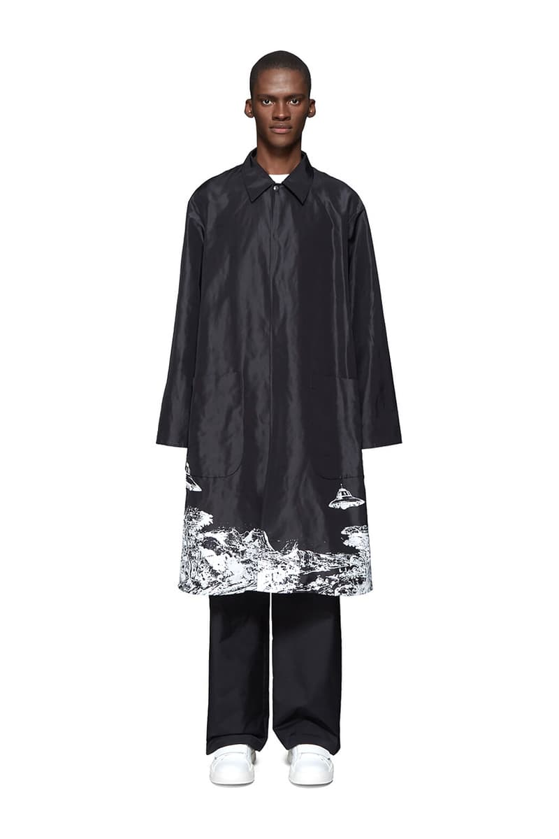 Valentino Time Traveller Coat in Black Logo Trench Coat in Beige graphics ufo flying saucers white red serif font undercover cape concealed central opening