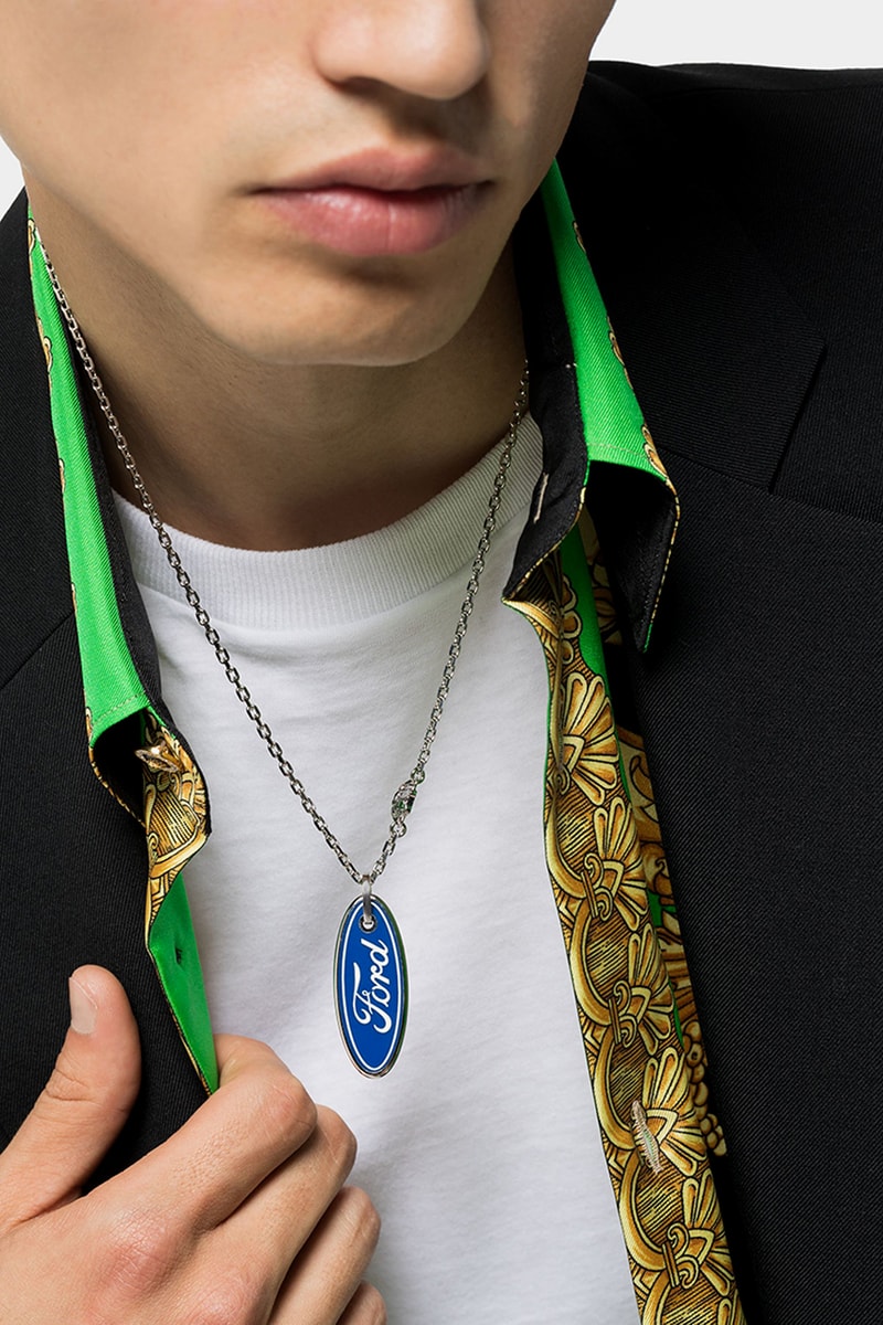 Versace x Ford Stainless Steel Logo Necklace Release Information Cop Online Browns Blue Oval Automotive Inspiration Medusa Head Charms  