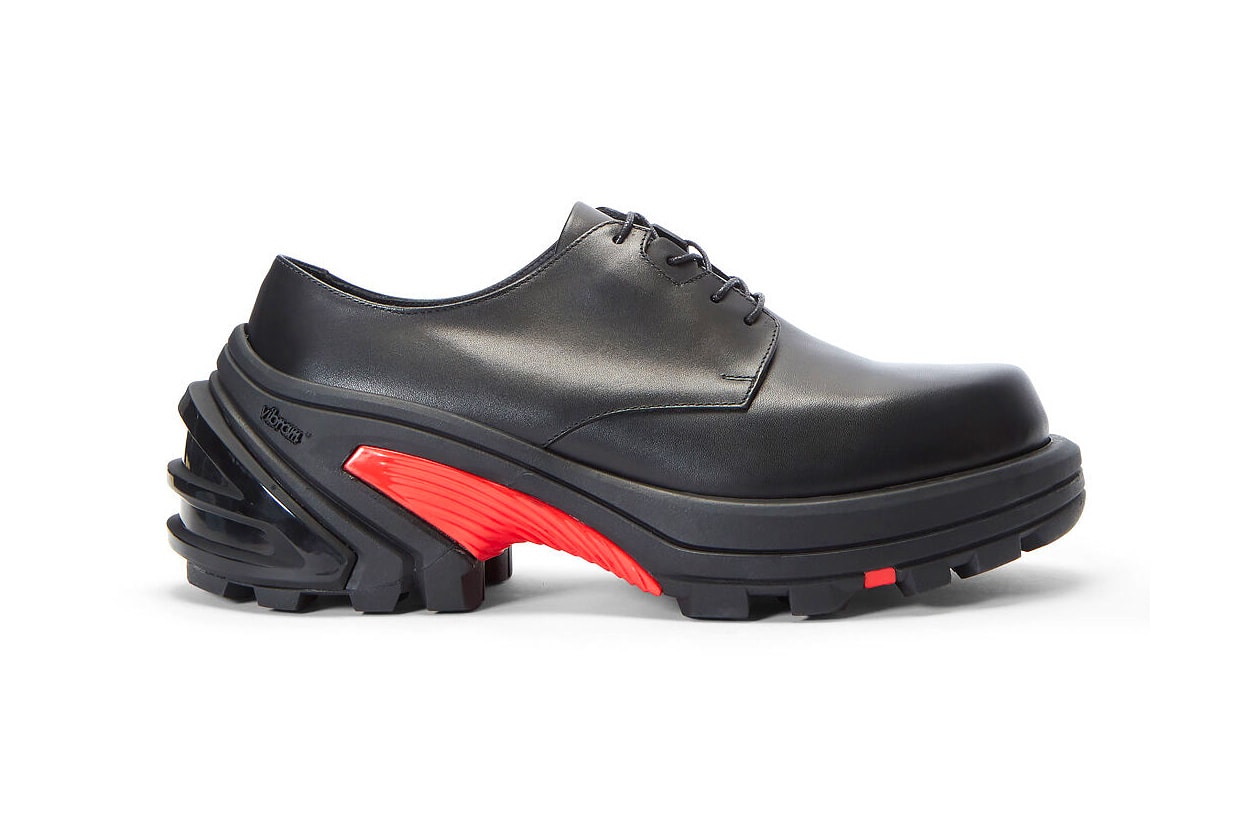 1017 ALYX 9SM matthew m williams MMW Black Lace-Up Leather Sneakers Release Vibram removable Sole derby shoe chunky sportswear shoes footwear smooth grain AW19 FW19 Fall/Winter 2019 drop date info price w2c LN-CC red chunky outsole 