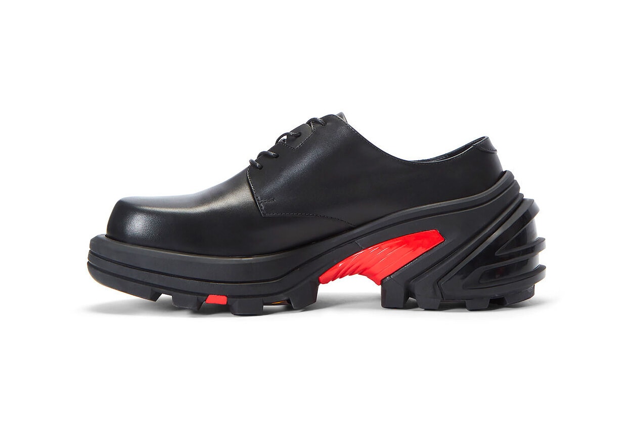 1017 ALYX 9SM matthew m williams MMW Black Lace-Up Leather Sneakers Release Vibram removable Sole derby shoe chunky sportswear shoes footwear smooth grain AW19 FW19 Fall/Winter 2019 drop date info price w2c LN-CC red chunky outsole 