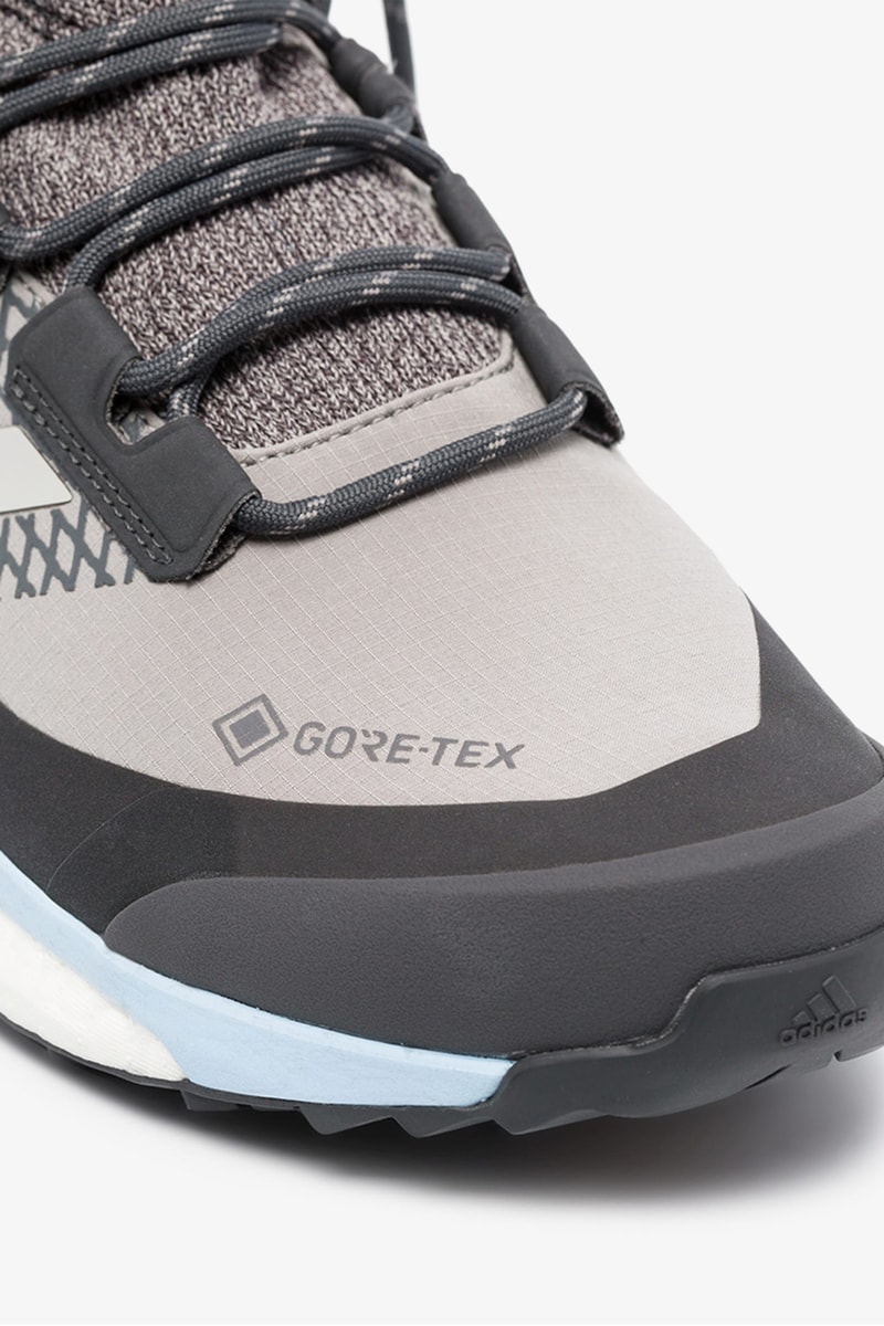 adidas terrex hiker gtx goretex sneakers grey black light blue colorway release waterproof primeknit sock upper boost midsole 