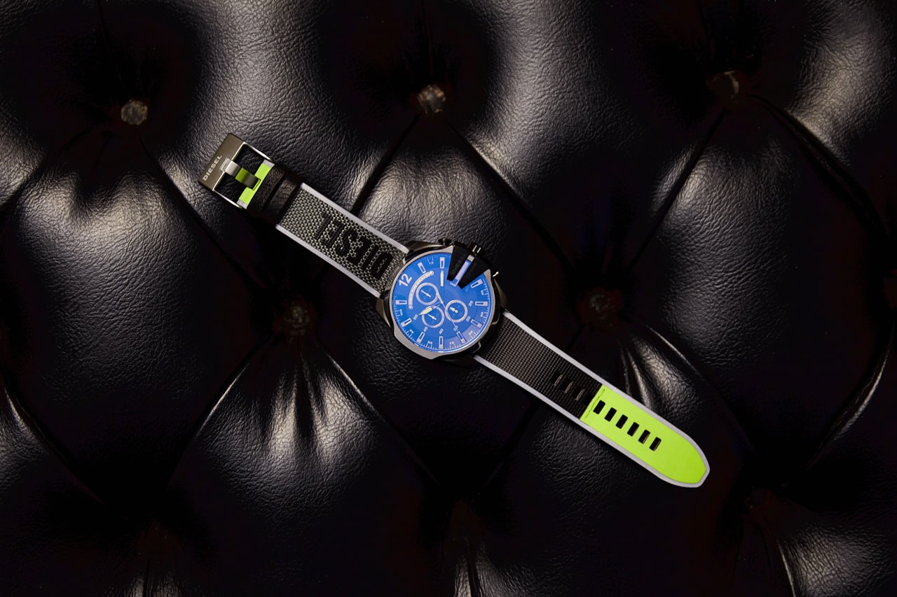 Diesel Taps '90s Rave Culture for Mega Chief Watch reflective black silver chronograph aurora anthony crystal les new york night