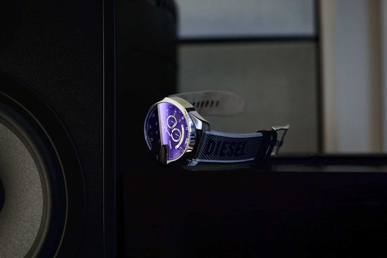 Diesel Taps '90s Rave Culture for Mega Chief Watch reflective black silver chronograph aurora anthony crystal les new york night