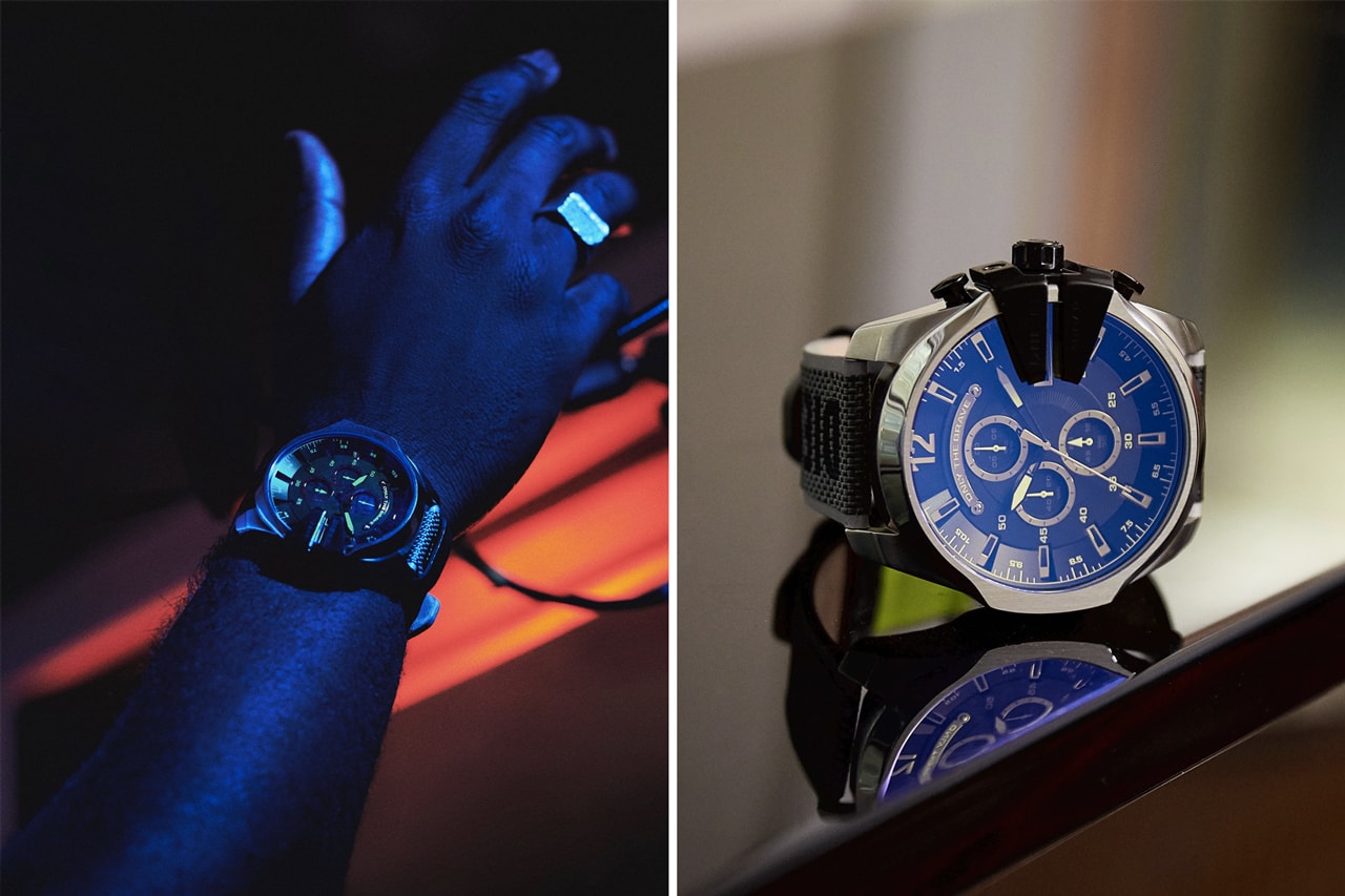 Diesel Taps '90s Rave Culture for Mega Chief Watch reflective black silver chronograph aurora anthony crystal les new york night