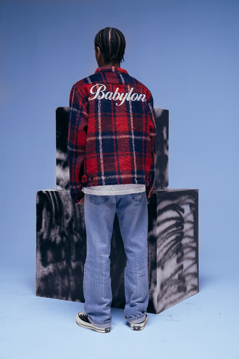 Babylon LA Fall/Winter 2019 Lookbook Collection Cut & Sew heavy plaid jacket tie dye knit sweater tricolor rugby half zip anorak Drop 1