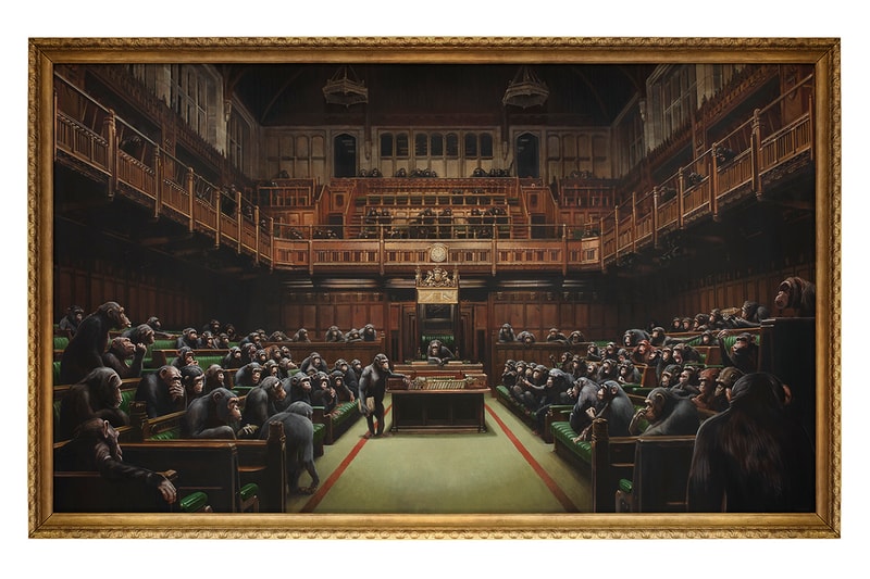 banksy sotheby's devolved parliament political art work chimps chimpanzees politicians house of commons buy price 1.5 2 million most expensive ever see