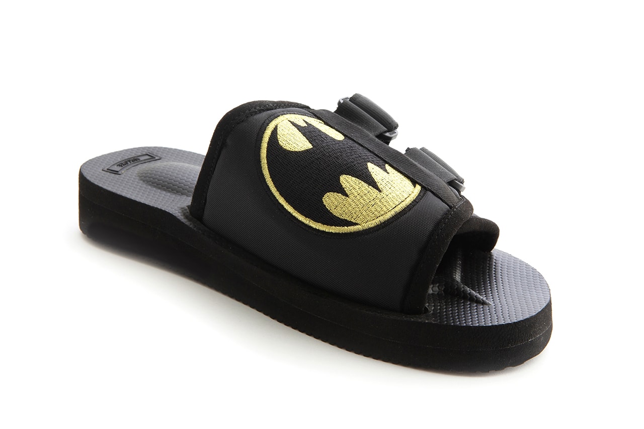 'Batman' x Suicoke KAW 80th Anniversary Celebratory Footwear Collaboration Vibram Outsole Sandal Nylon Upper Bat Wings Logo Gotham city installations Galeries Lafayette Champs-Élysées