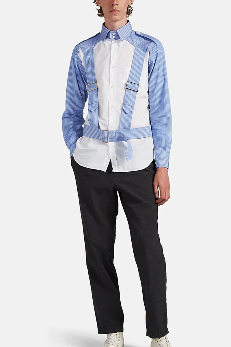 COMME des GARCONS SHIRT Striped Cotton Harness Shirt release fall 2019 blue white navy striped cotton poplin button up 