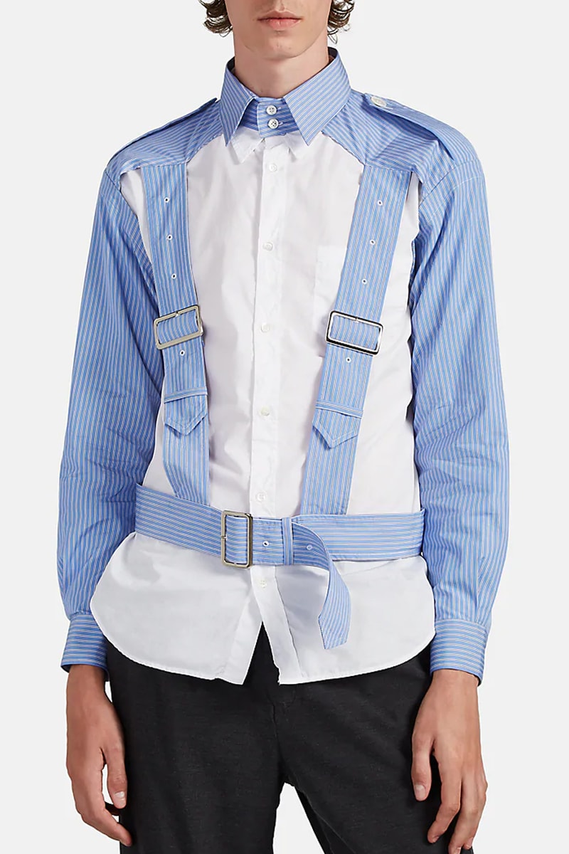 COMME des GARCONS SHIRT Striped Cotton Harness Shirt release fall 2019 blue white navy striped cotton poplin button up 