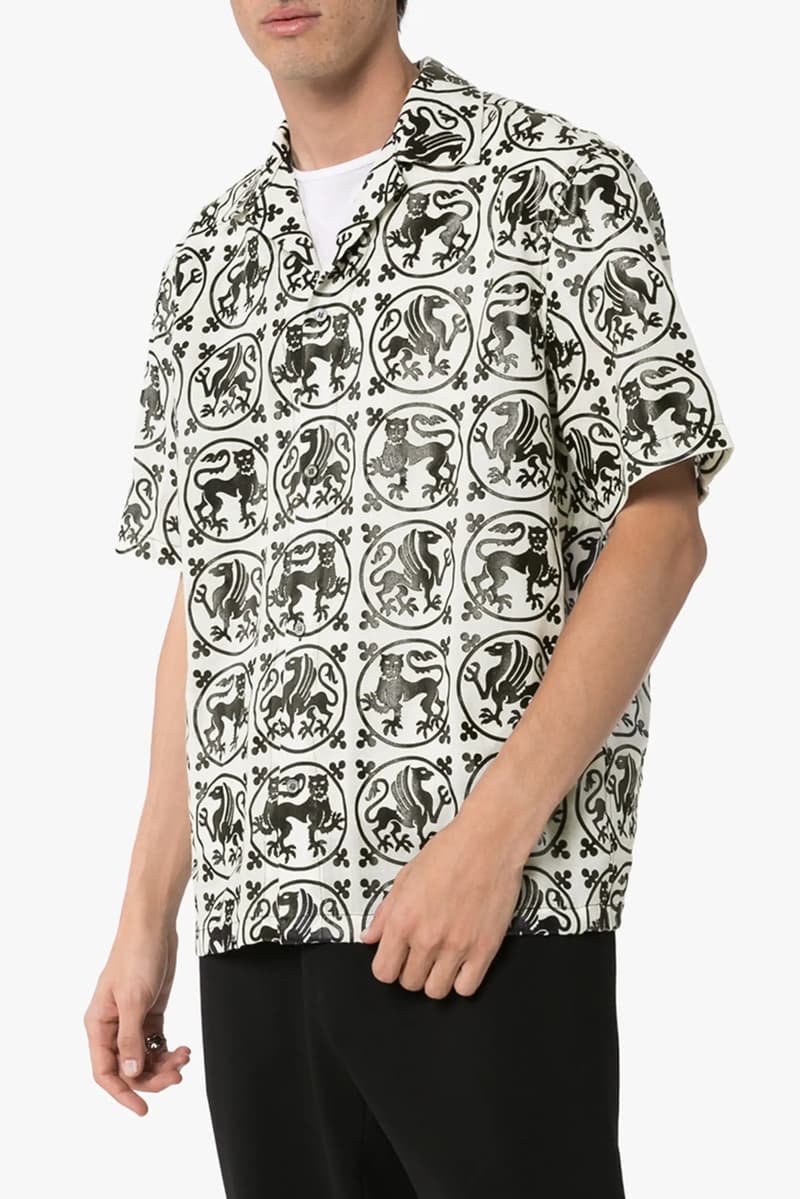 edward crutchley woolmark prize capsule release shop printed wool coat graphic print cuban collar shirt regal animal print shirt loose snake print silk trousers fall 2019 browns